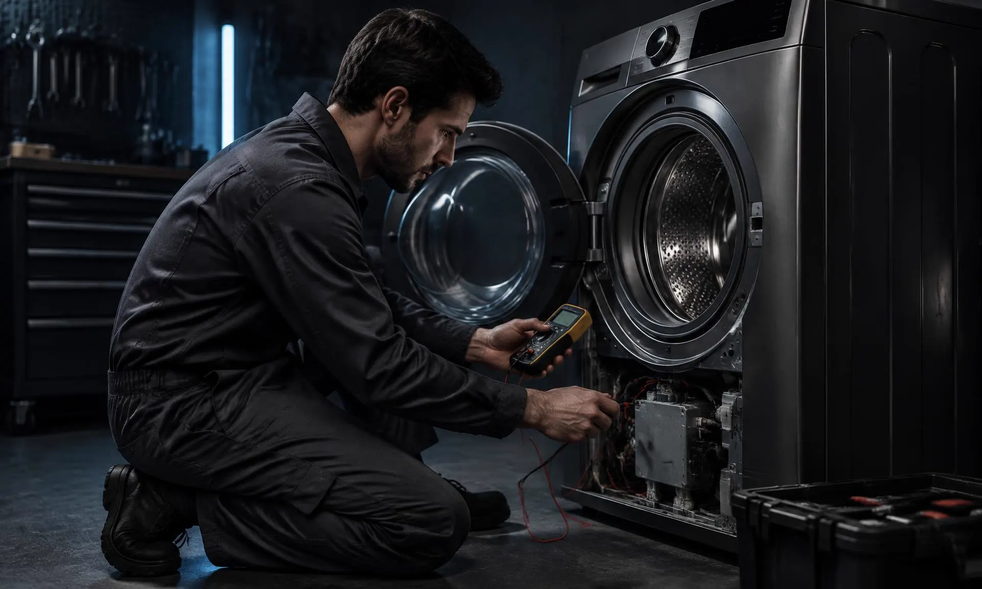 Técnico diagnosticando uma lava e seca de abertura frontal com multímetro